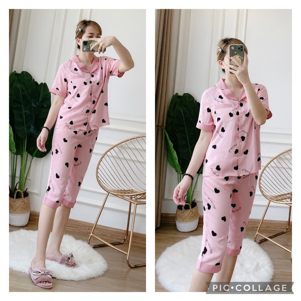 [Mã SKAMA07 giảm 8% đơn từ 250k] Đồ bộ nữ, bộ lanh nữ, bộ pyjama LỬNG mặc nhà nữ họa tiết trái tim đen BOH58