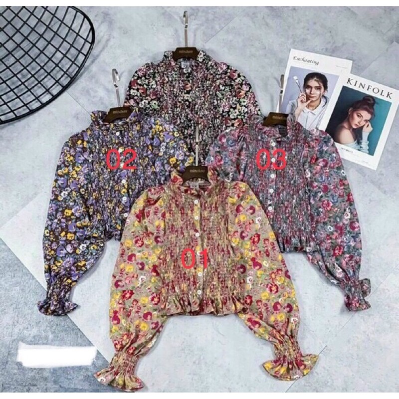 Áo voan hoa cổ bèo nhí thiết kế thun nhún thân áo bánh bèo siêu xinh Freesize < 53kg mặc xinh ạ | BigBuy360 - bigbuy360.vn