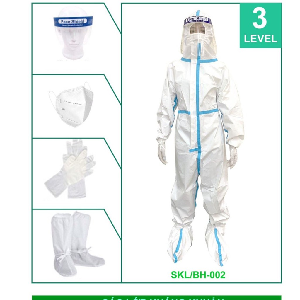 Bộ Quần Áo Bảo hộ Phòng Dịch Level 3 - Combo 7 món vải kháng khuẩn SMS định lượng 60g, Giấy tờ đầy đủ