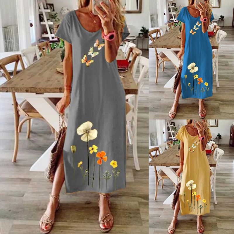 Đầm Maxi Tay Ngắn Dáng Rộng Họa Tiết Hoa Và Bướm Phong Cách Boho Thời Trang Cho Nữ