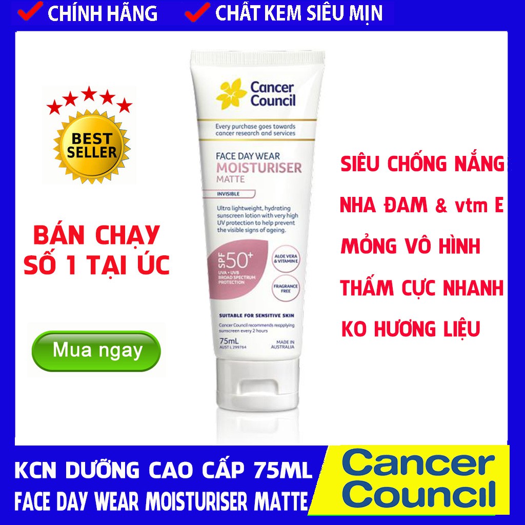 [CHÍNH HÃNG] Kem chống nắng dưỡng cao cấp NHÃN HỒNG Cancer Council FaceDayWearMoisturiserMatteInvisible SPF50/PA++++75ml