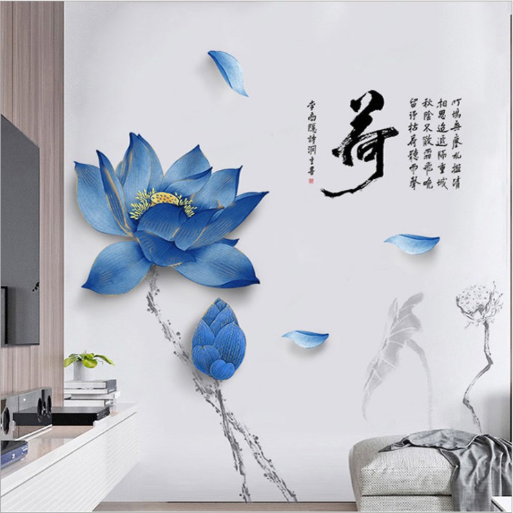 [CHẤT] Decal dán tường Hoa sen xanh thủy mặc trang trí phòng khách siêu đẹp AmyShop