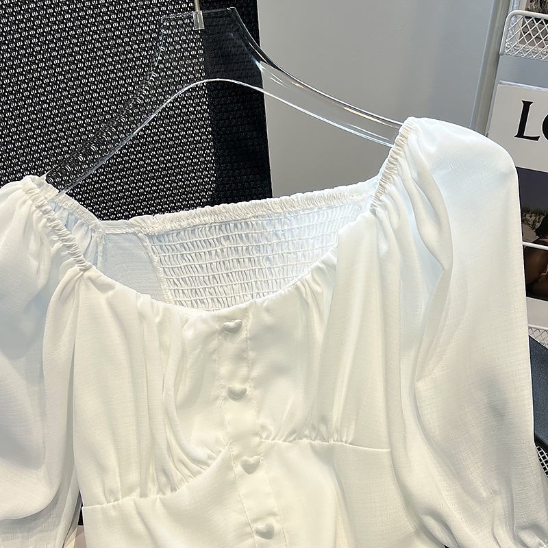 Áo Sơ Mi Tay Ngắn Phồng Cổ Vuông Màu Trắng Thiết Kế Không Đồng Đều Thời Trang Mùa Hè Mới Cho Nữ