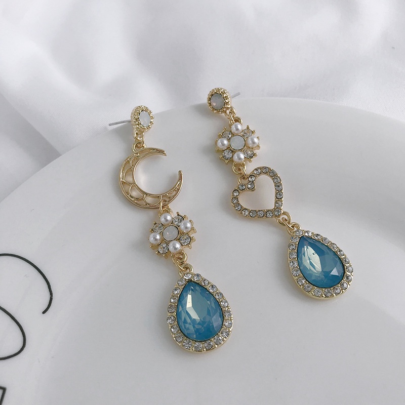 Khuyên tai PINKDUDU PD738 hợp kim hình trái tim/ trăng đính đá xanh dương thời trang cho nữ
