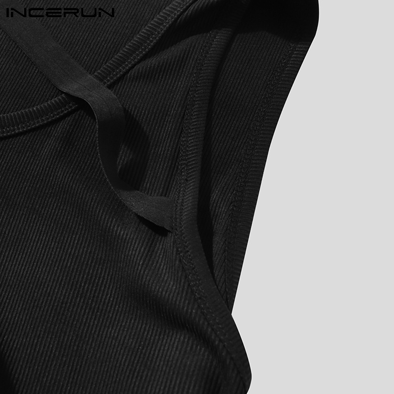 Áo INCERUN dệt kim không tay màu trơn phối dây ôm vừa vặn cho nam mặc thường ngày
