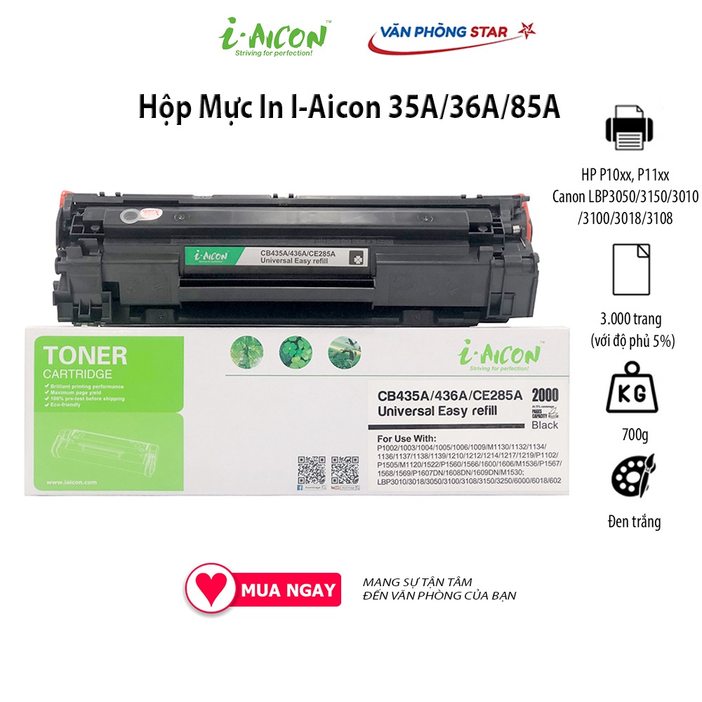 Hộp mực 35a/36A/85A I-AICON Dùng cho máy in HP/Canon HP/Canon 125/312/313/325/712/713 - CAM KẾT BẢO 