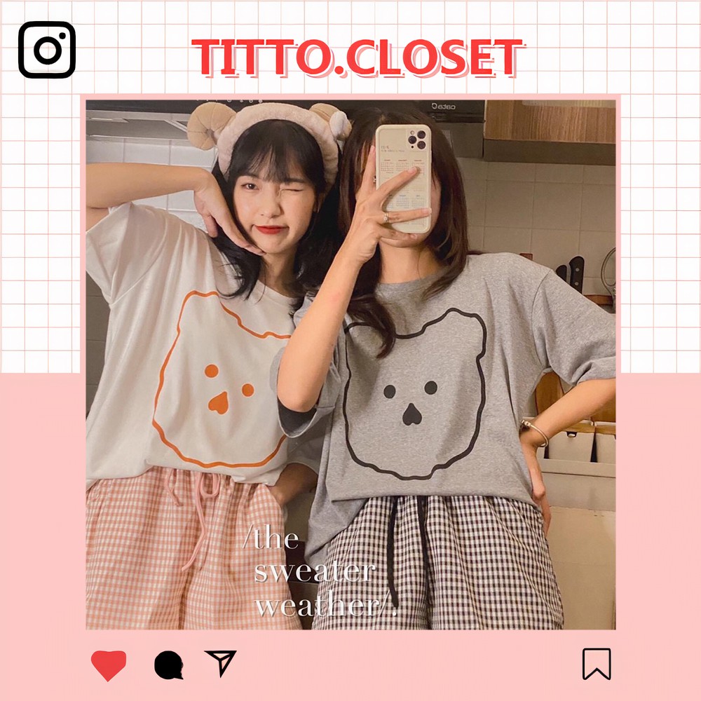 Set Bộ Mặc Nhà Pijama Gấu + Quần Kẻ Form Rộng - Titto Closet