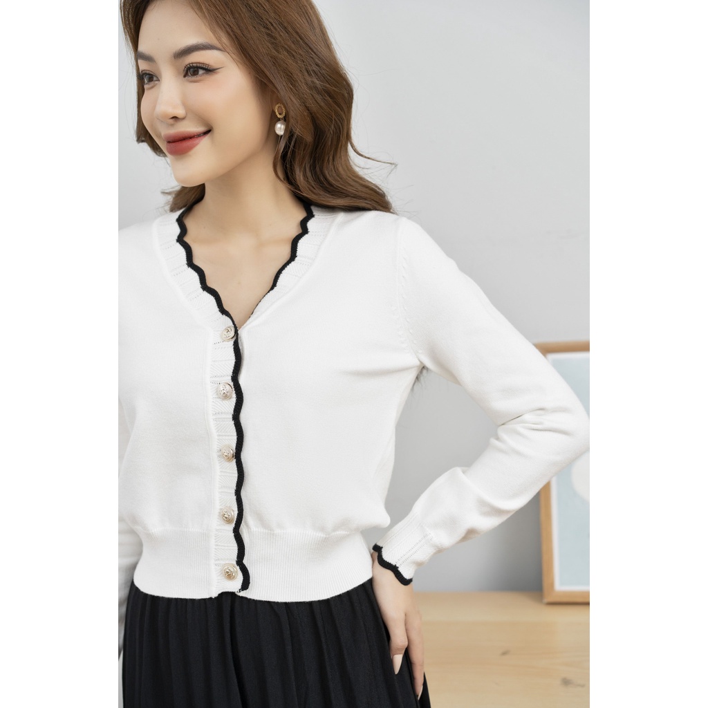 Áo Khoác Len Nữ FIONA Cổ Tim, Nẹp Áo Dệt Múi Tạo Sóng Cách Điệu, Phối Màu Mã F852741