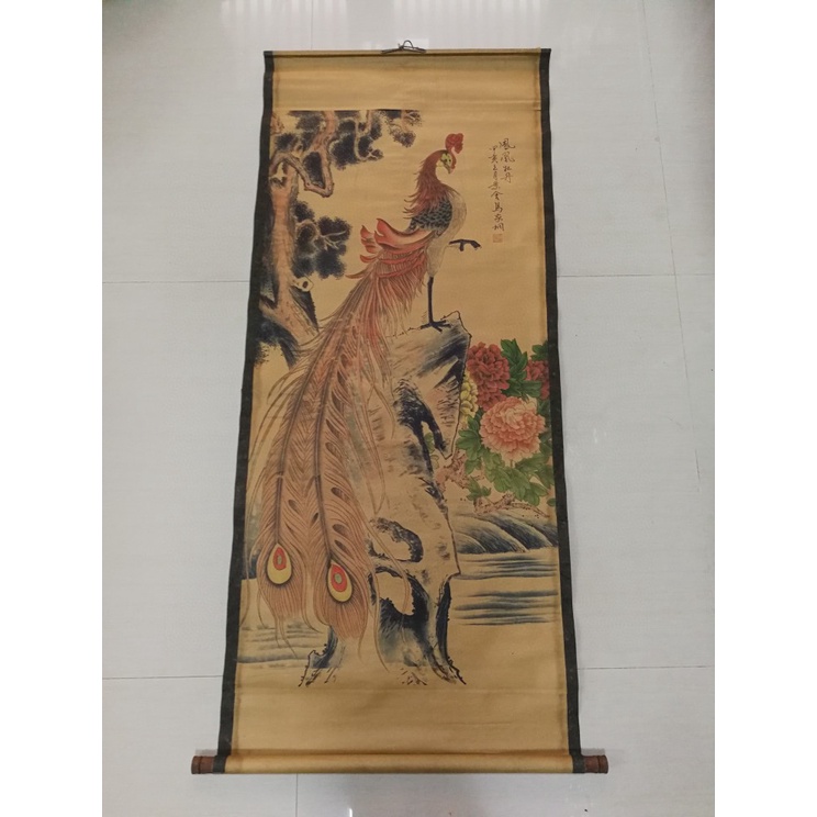 Tranh giả cổ PHỤNG HOÀNG MẪU ĐƠN, Tranh giấy xuyến chỉ viền bo lụa size lớn 145 x 74cm