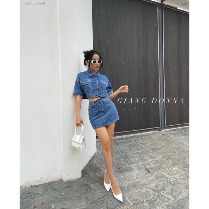 Set Bò Denim Cao Cấp (Hàng Loại 1) Áo Bò Tay Cộc Mix Chân Váy Hàng Quảng Châu