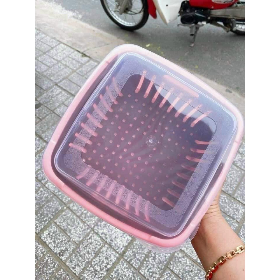 Hộp đựng thực phẩm có nắp đậy cao cấp mẫu vuông, khay nhựa để tủ lạnh kèm rổ ráo nước để bảo quản rau củ quả tiện dụng