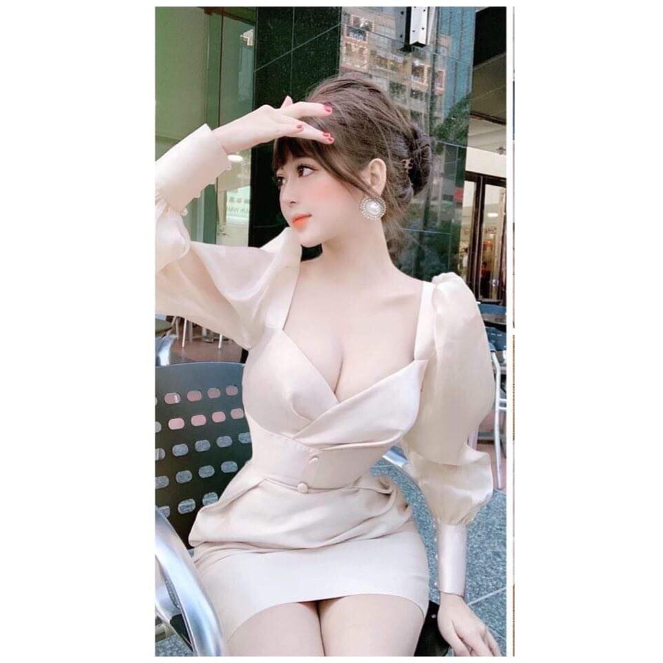 Đầm ôm thiết kế cổ chéo thời trang phối tay voan ( có mút ) | BigBuy360 - bigbuy360.vn