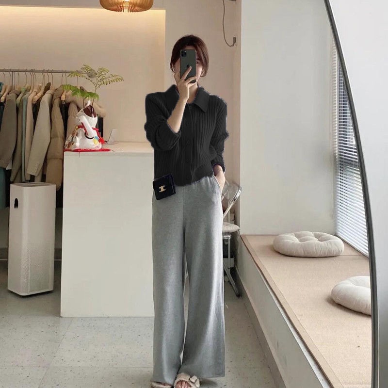 Áo Cardigan Len Cổ Polo Peter Pan Dáng Ngắn Ôm Kẻ Sọc Dọc Màu Tím Khoai Môn Nhẹ Nhàng Cho Nữ