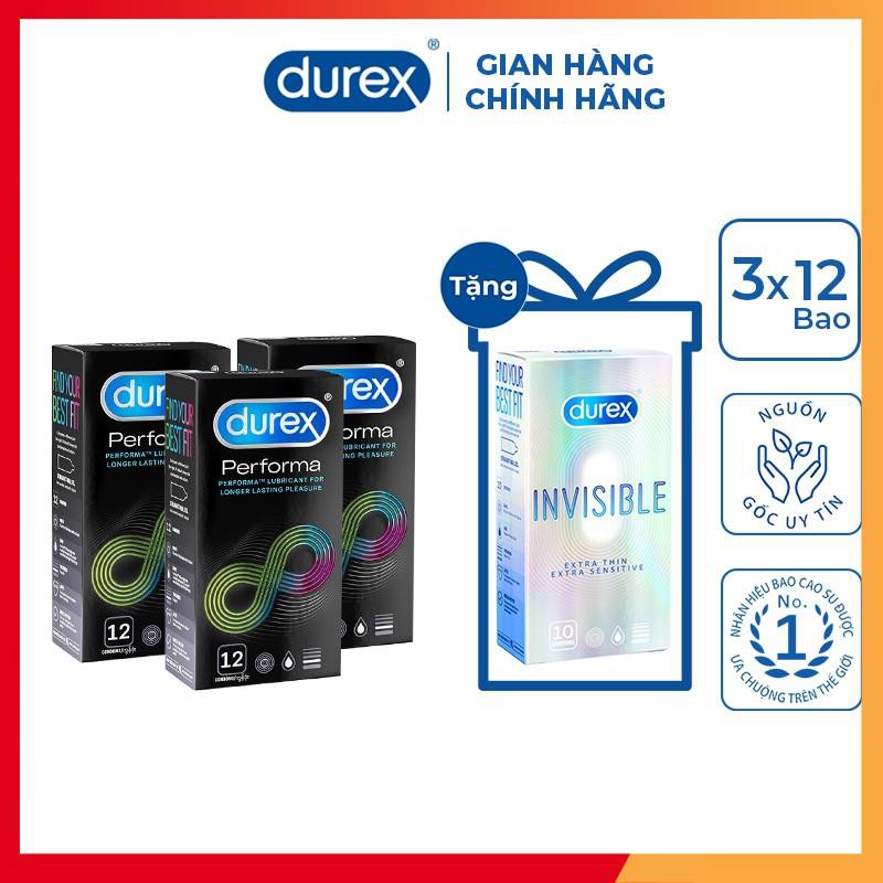 [SIÊU GIẢM GIÁ] Bộ 3 hộp bao cao su Durex Performa 12 bao/hộp + 1 hộp Durex Invisible 10 bao/hộp