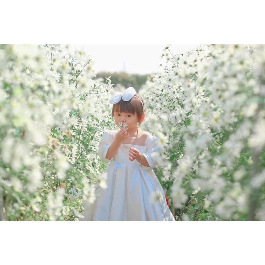 Váy trắng công chúa bé gái, Váy trắng thân dài kèm nơ cho bé