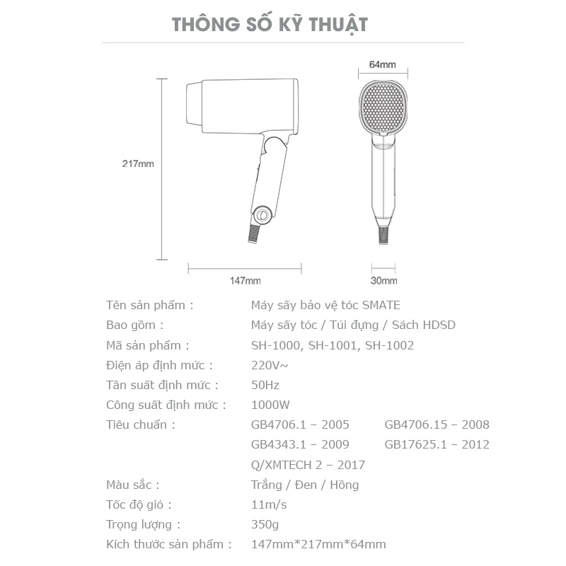 Máy Sấy Tóc Tạo Kiểu Smate SH-1000, Công Suất 1000W 3 Chế Độ Nhiệt & Công Nghệ Ion Âm