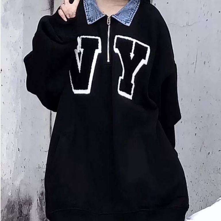 Áo Polo Phối Cổ Jean Vintage Unisex Peony_boutique 👉  Nỉ Cổ Bẻ Bo Dài Tay Khóa Zip Cá Tính Nam Nữ