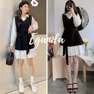Set váy sơ mi trắng kết hợp yếm đen thắt eo xếp ly, Set váy sơ mi trắng dáng dài xếp ly kèm yếm ngắn thắt eo xinh xắn