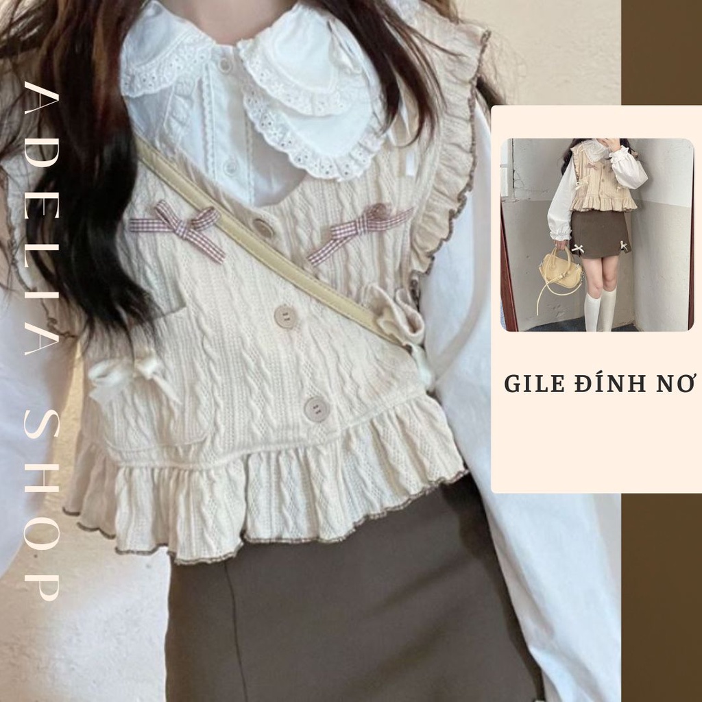 Gile Tiểu Thư | Áo Gile Len Nữ Tay Viền Đính Nơ Cổ V Dễ Thương Phong Cách Nhật Bản Adelia.Shop