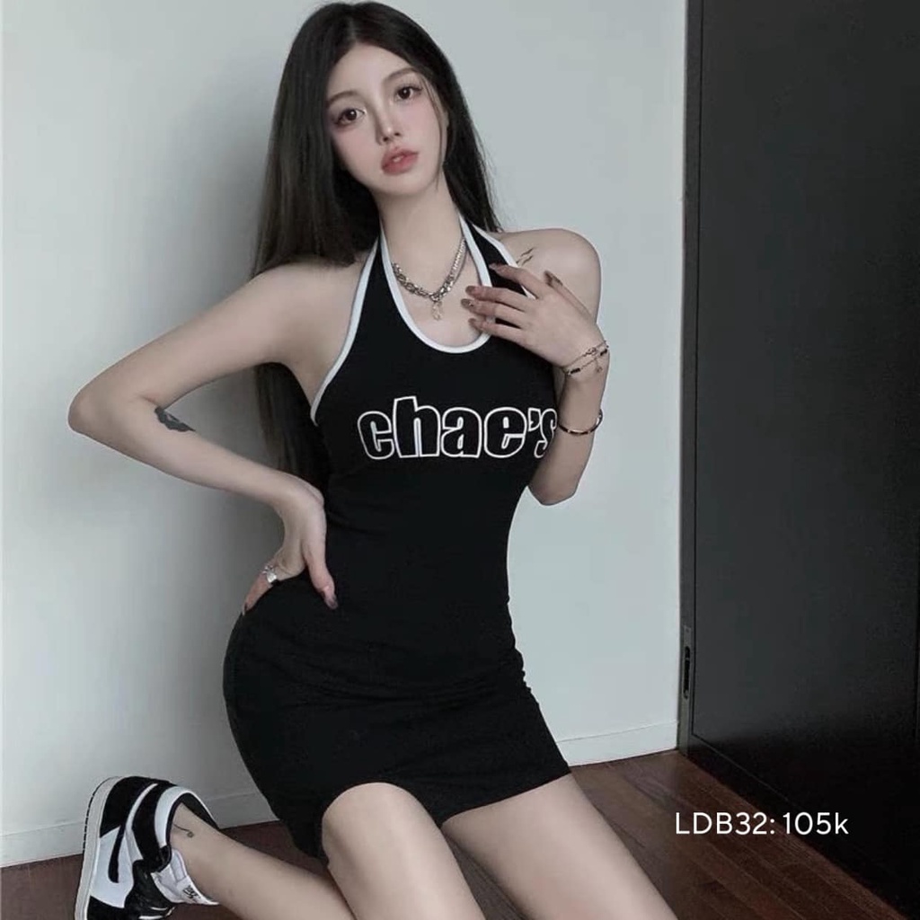 Đầm body sexy Đầm yếm body hở lưng  in chữ CHAE'S quyến rũ sang chảnh CHIBEST LDB32