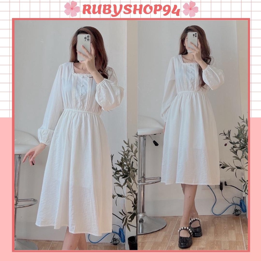 Váy đầm babydoll trắng tiểu thư dài tay dáng xòe vải thô đũi cổ ren xinh xắn