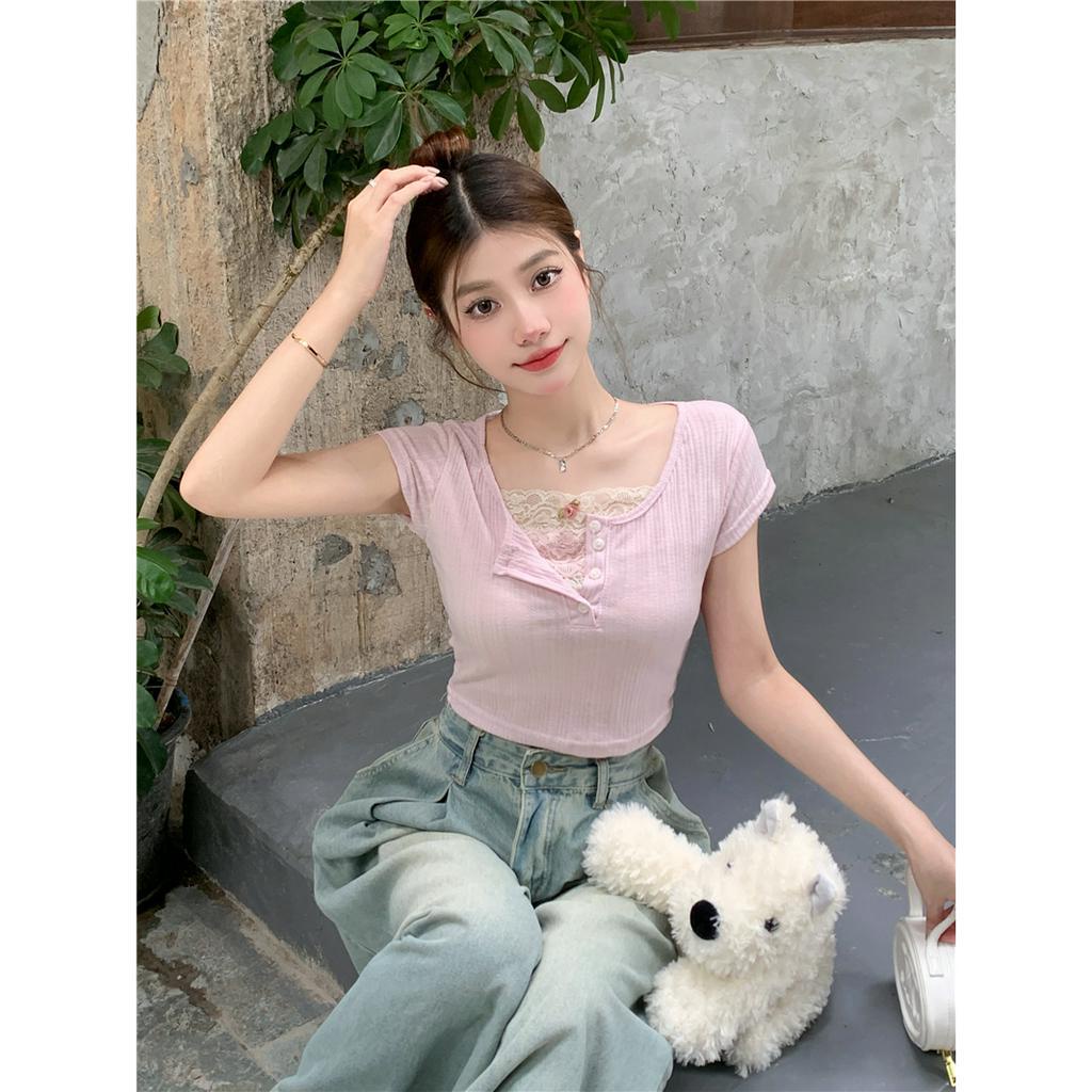 Lalisas Áo Croptop Ngắn Tay Phối Ren Thiết Kế Ngọt Ngào Cho Nữ