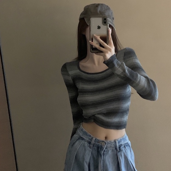 Áo Dệt Kim Tay Dài Trễ Vai Eo Cao Thời Trang Quyến Rũ Cho Nữ