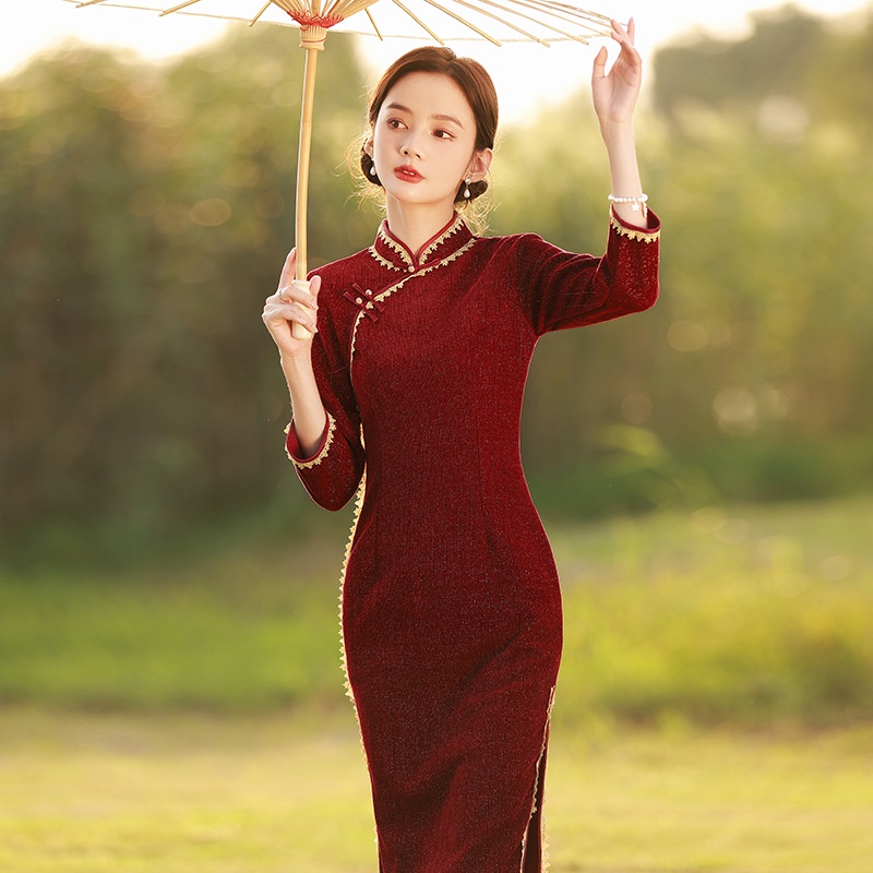Đầm Sườn Xám Dài Tay Ôm Dáng Thanh Lịch Theo Phong Cách Cổ Điển Dành Cho Nữ / Size S - XXL