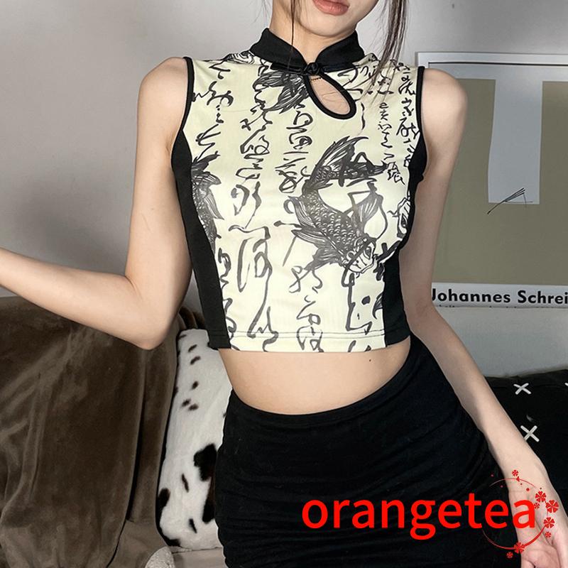 Áo Thun Ba Lỗ Cổ Đứng In Họa Tiết Cá Phong Cách Phương Đông Thời Trang Mùa Hè Dành Cho Nữ
