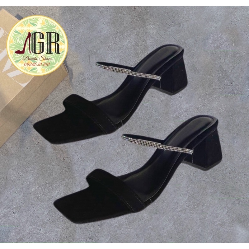 Guốc nỉ phối dây đá sáng gót vuông 6p (hàng đẹp)