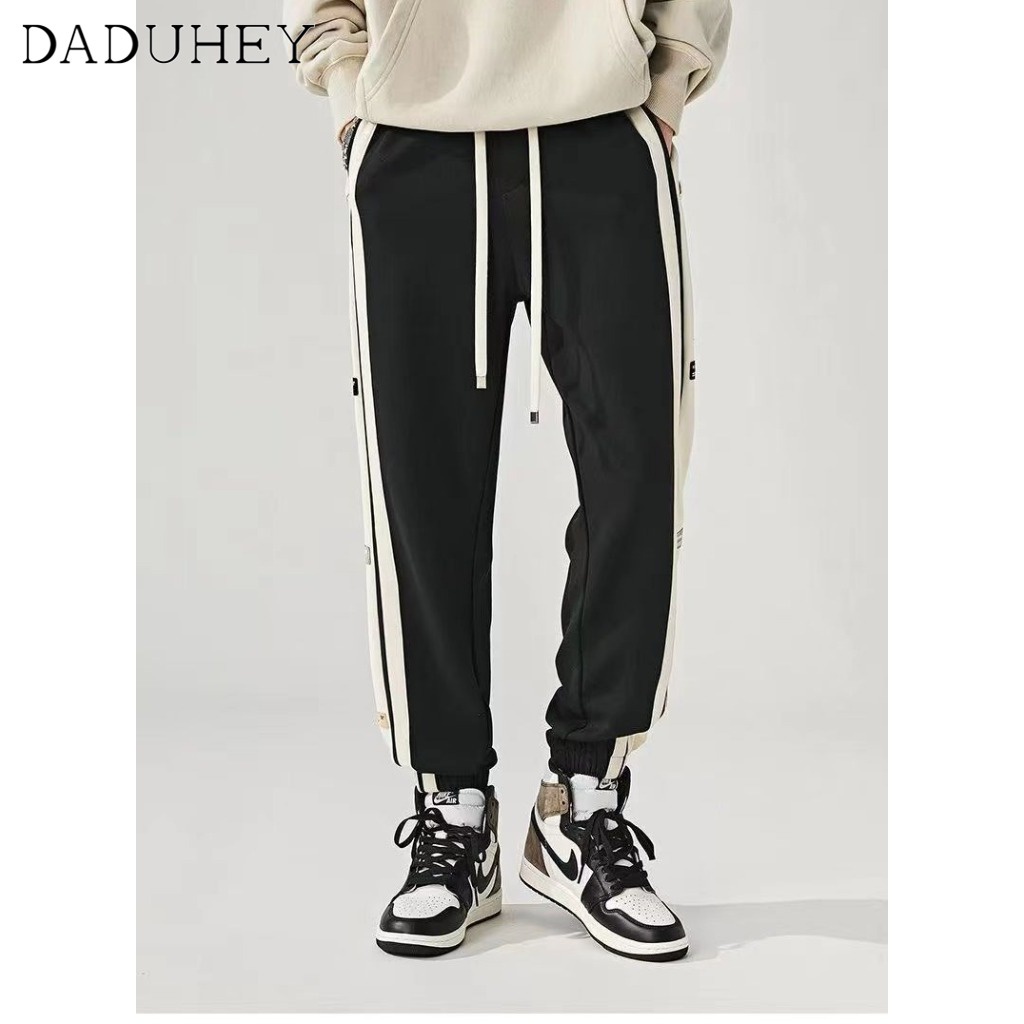 Quần nỉ thể thao bo ống dáng rộng phối dây rút phối kẻ sọc bên hông thời trang thường ngày mùa thu size lớn cho nam