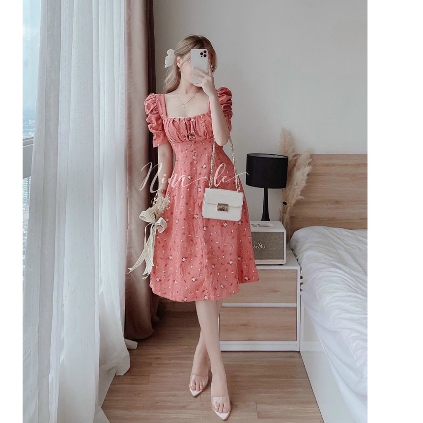 Váy đầm nữ dáng suông họa tiết nhúm ngực phối hàng nút