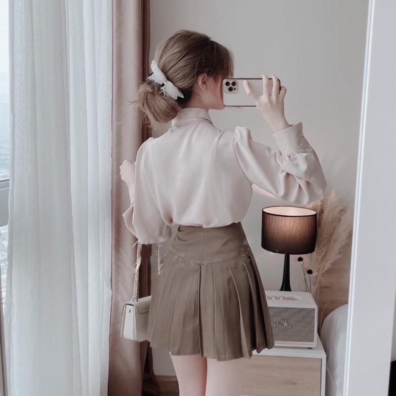 Áo sơ mi tiểu thư phối dây nơ_888 mầu trắng, babydoll ulzzang mềm nội y xanh