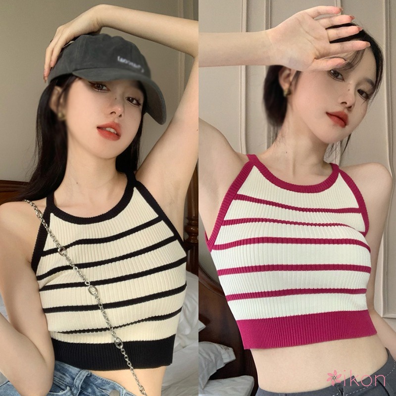Áo Hai Dây Dệt Kim Ôm Dáng Họa Tiết Kẻ Sọc Phong Cách Hàn Quốc Cổ Điển Thời Trang Mùa Hè Cho Nữ