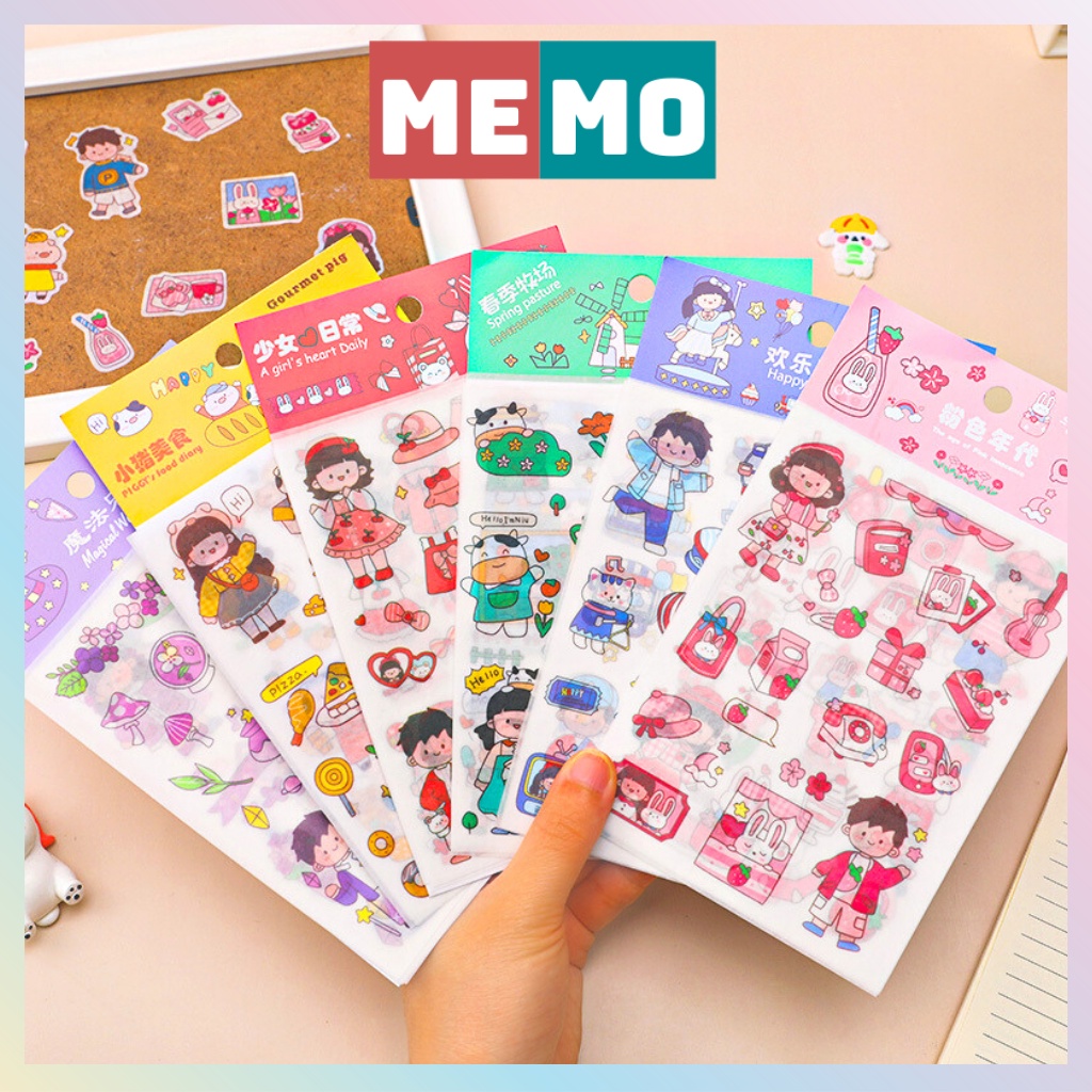 Sticker cute MEMO, hình dán chàng trai cô gái phân theo chủ đề màu khác nhau trang trí sổ Bullet Journal
