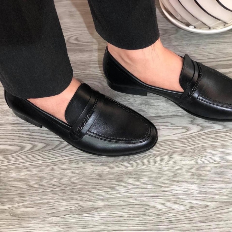 Giày tây công sở nam da bò nguyên tấm đai dệp đen trơn