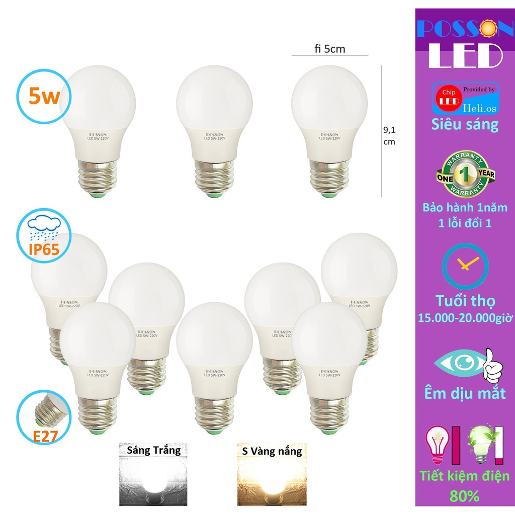 Sỉ 100 Bóng đèn Led 5w bup tròn A50 tiết kiệm điện kín chống nước Posson SG LB-5x