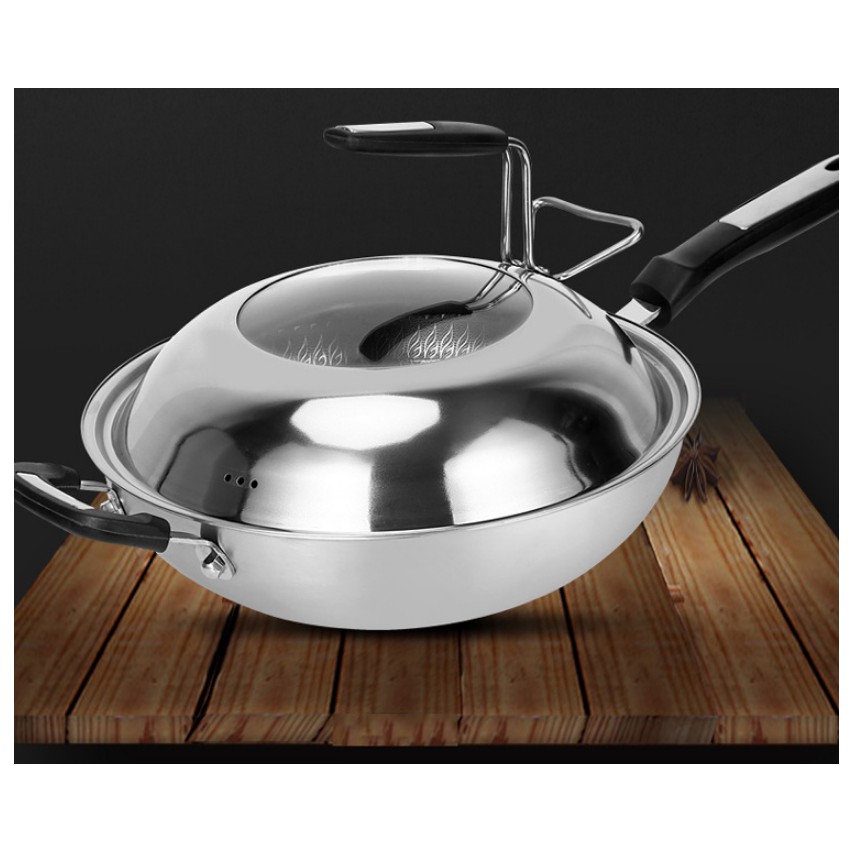 Chảo chống dính inox 304 khắc laser tổ ong 32cm sâu lòng nắp vồng cao tiện cho món hấp hàng nội địa Trung Quốc