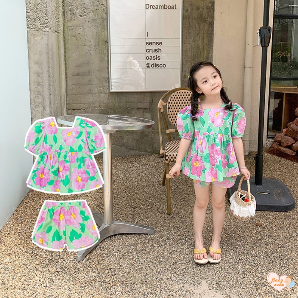 Set Áo Thun Ngắn Tay In Hoa + Quần Short Phong Cách Hàn Quốc Cho Bé Gái