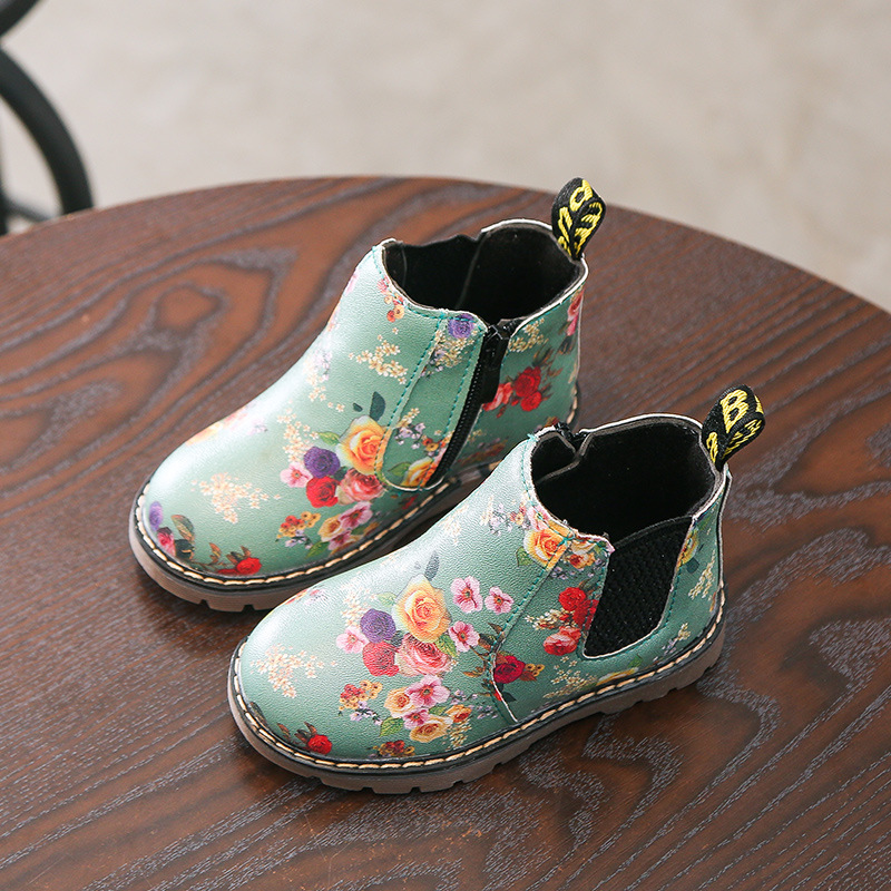 1-12Yrs Kids Martin Boots Girls Print Flower Boots Black Pu Leather Anti-slip Shoes Size 21-36