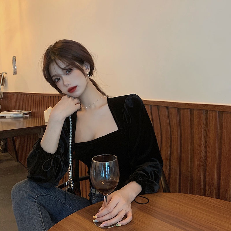 QKOOLE  Áo Kiểu Tay Dài Cổ Vuông Phong Cách Retro Hàn Quốc Thời Trang Cho Nữ