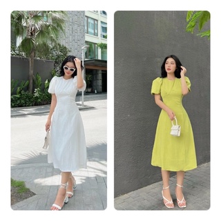 Đầm tay búp xanh bơ- trắng