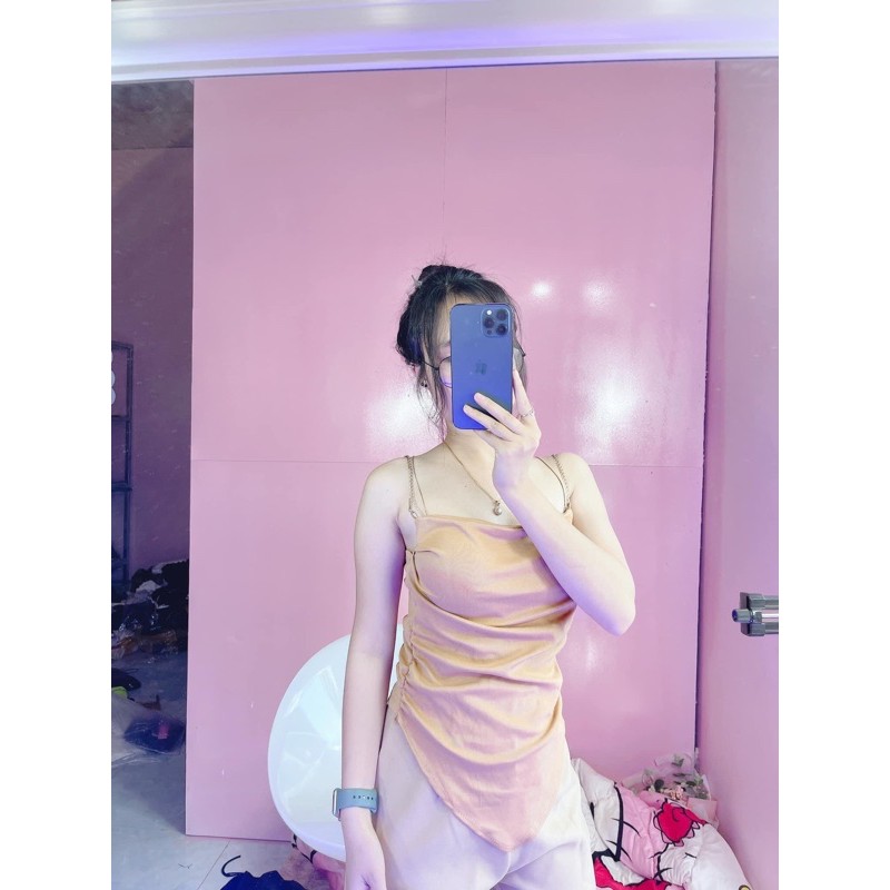 áo 2 dây nữ kiểu ôm body tà bầu xích vàng sang chảnh có mút ngực phong cách hàn quốc thời trang 2021-A30 | BigBuy360 - bigbuy360.vn