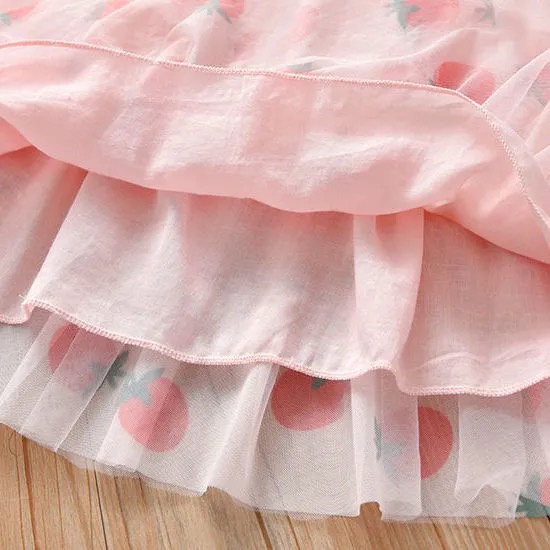Váy xoè lưới cộc tay in hoạ tiết quả dâu tây cho bé gái 8-25kg (N00864)