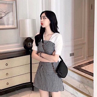 Đầm váy caro phối tay trắng (kèm hình thật)