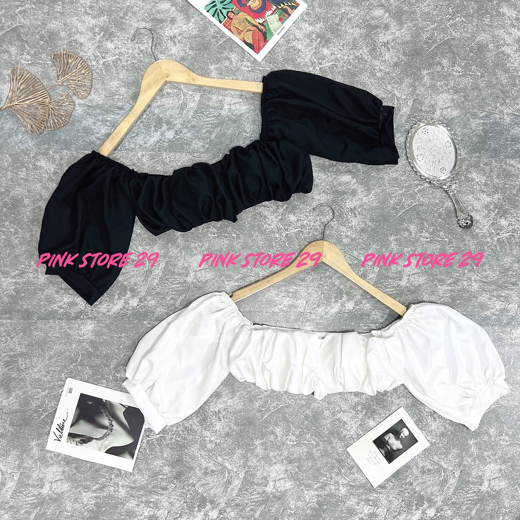 Áo trễ vai croptop tay phồng PINKSTORE29, phong cách tiểu thư NGÂY NGÔ A5356
