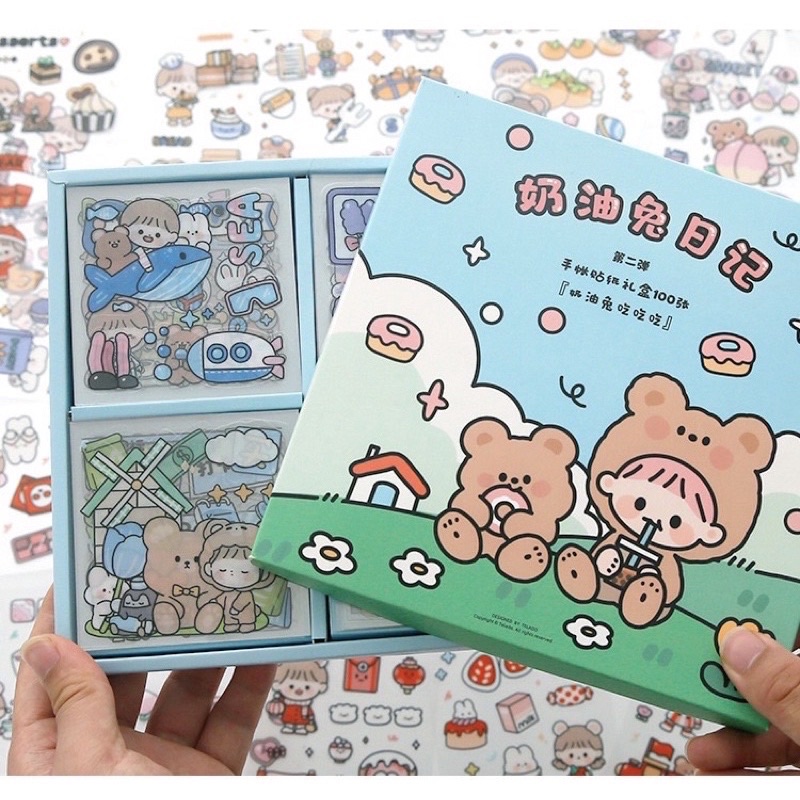 Hộp 100 tấm sticker hình dán mẫu Gấu Trà sữa