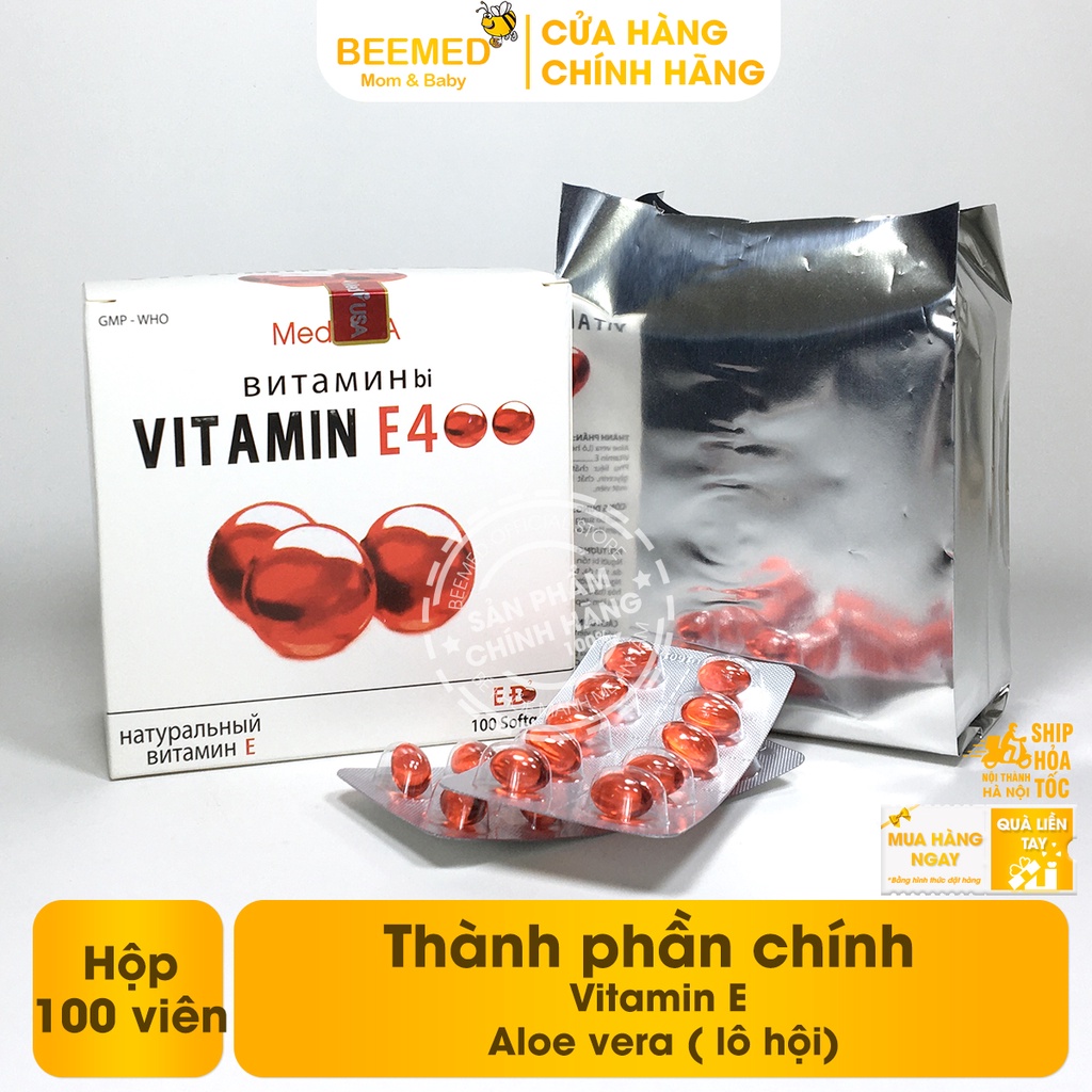 Bổ sung Vitamin E đỏ 400 IU, ngăn ngừa lão hóa, hỗ trợ làm đẹp da, có thêm lô hội, tương tự E đỏ Nga Hộp 100 viên