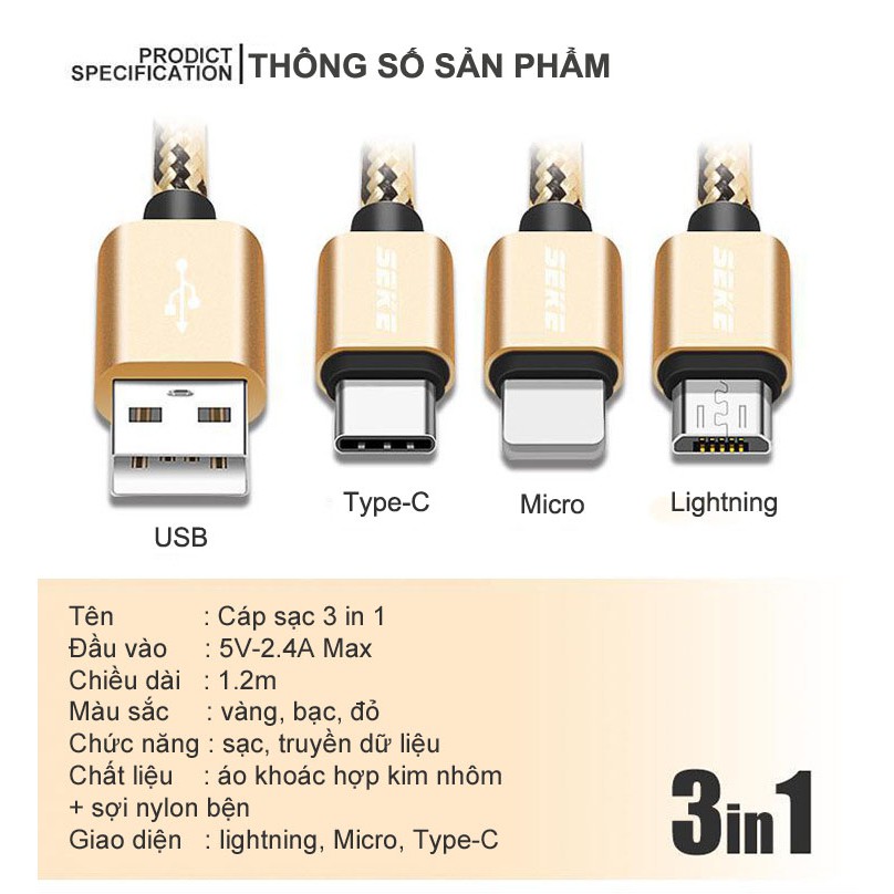 Dây cáp sạc đa năng 3 trong 1 (Lightning - Micro USB - Type-C)