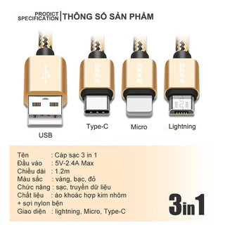 Dây cáp sạc đa năng 3 trong 1 (Lightning - Micro USB - Type-C - Loại cực tốt)